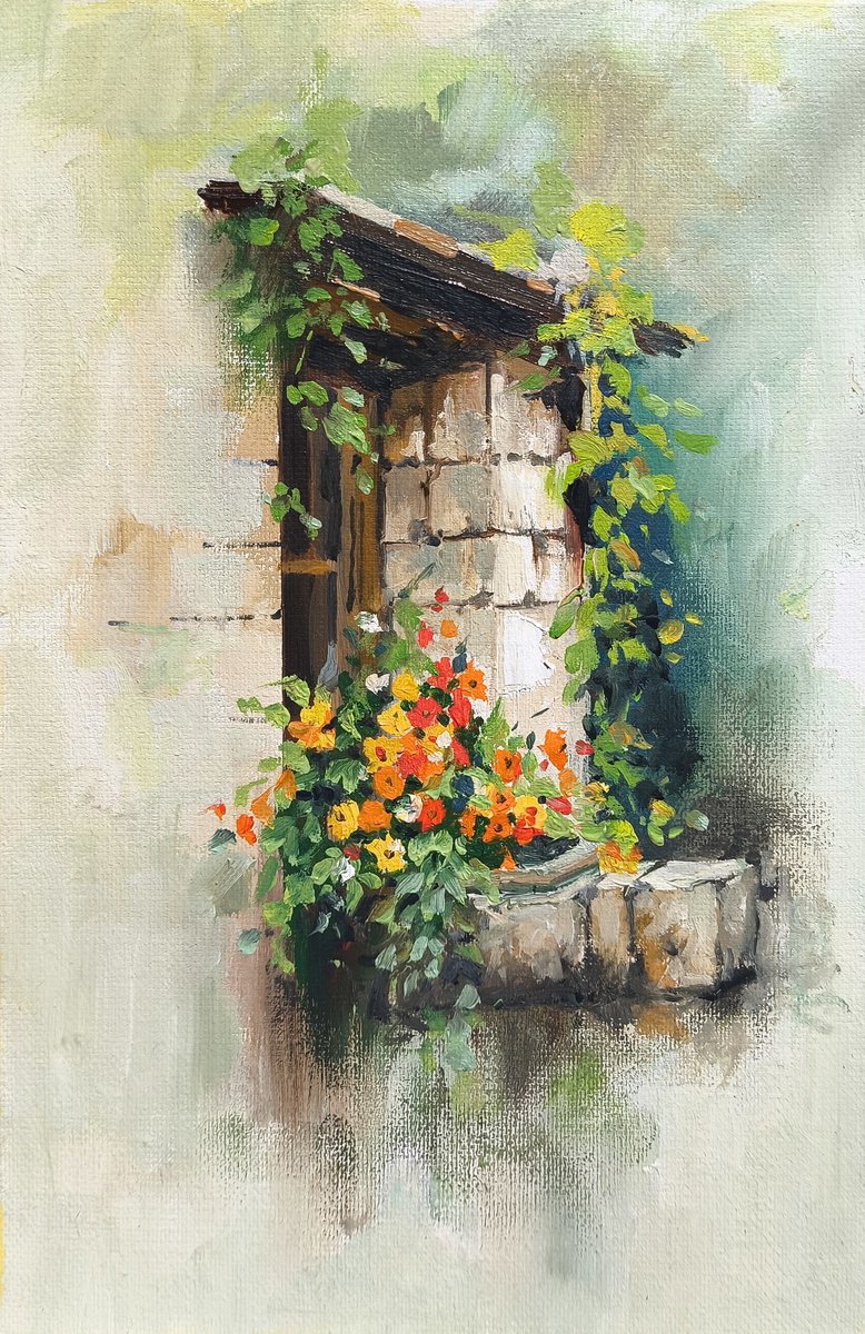 Impressionistic Landscape Oil Painting By Hrach Baghdasaryan, 8 X 12, Window Of Blossoms, Original Artwork