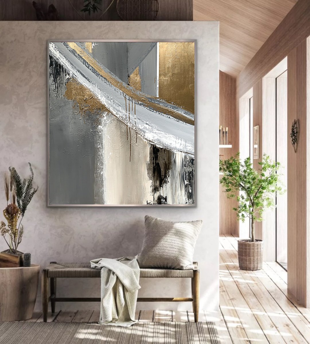 Abstract Acrylic Painting By Tatiana Malinovscaia, 35 X 39", Golden Serenade, Original Artwork