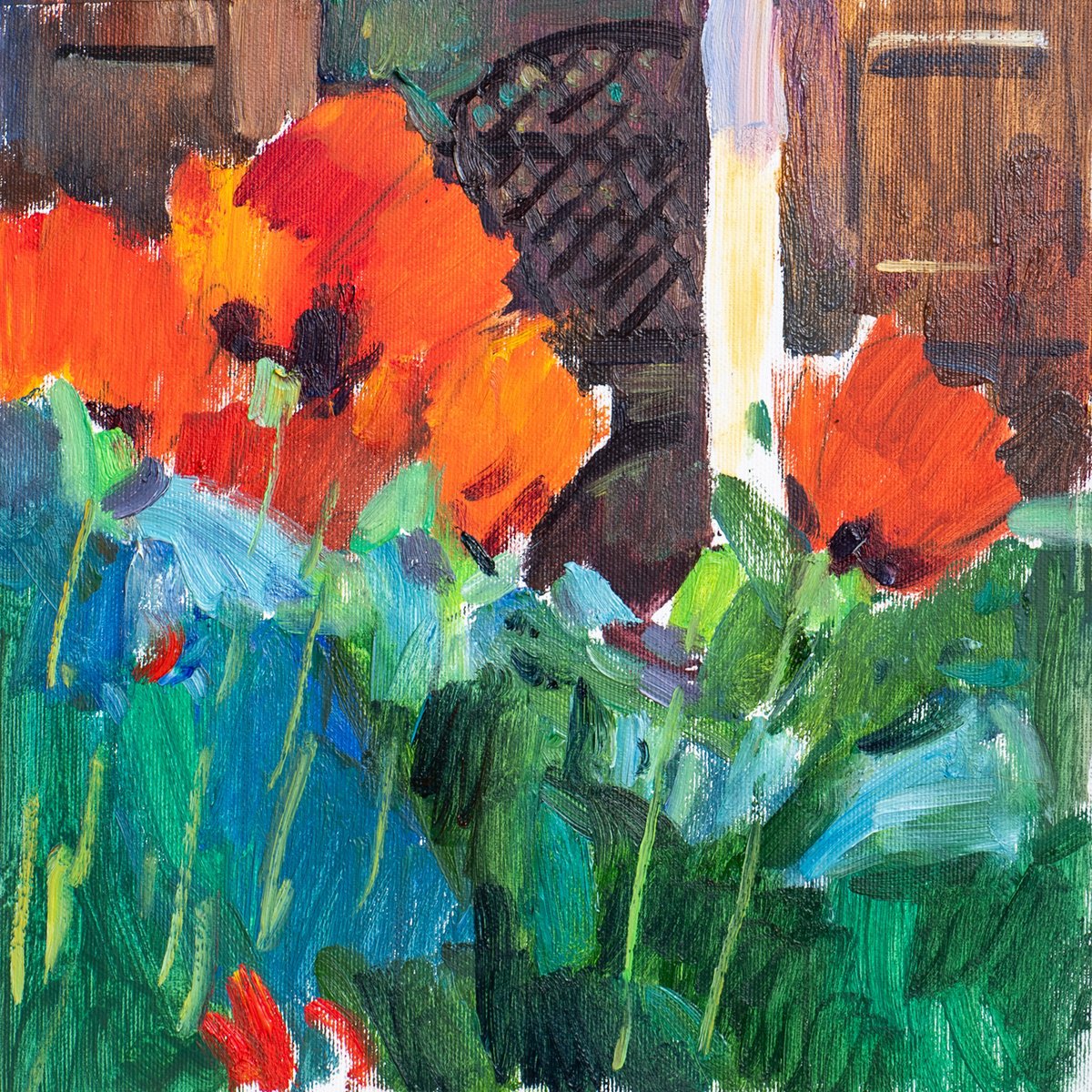 Impressionistic Botanical Oil Painting By Vasyl Moldavchuk, 11 X 11", Poppies By The House, Original Artwork