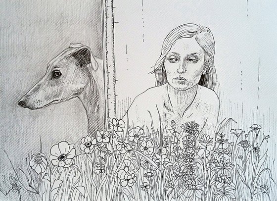 Flowers and greyhound