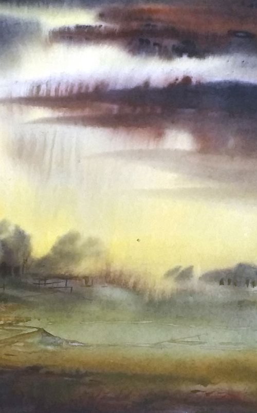 Monsoon Rural Landscape - Watercolor painting by Samiran Sarkar