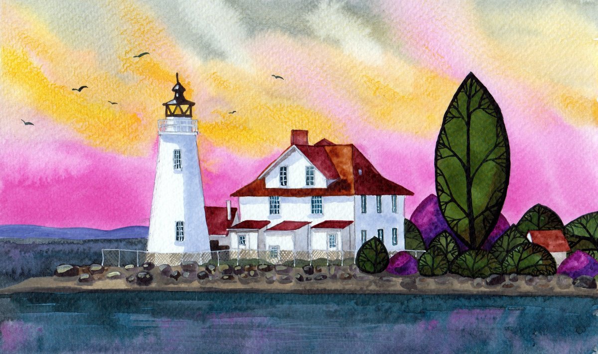Illustrative Cityscapes Painting By Terri Smith, 9 X 6", Cove Point Lighthouse, Original Artwork
