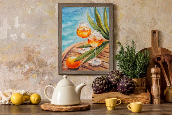 Time for two - original summer watercolor with aperol, orange and palm leaves on the wood table