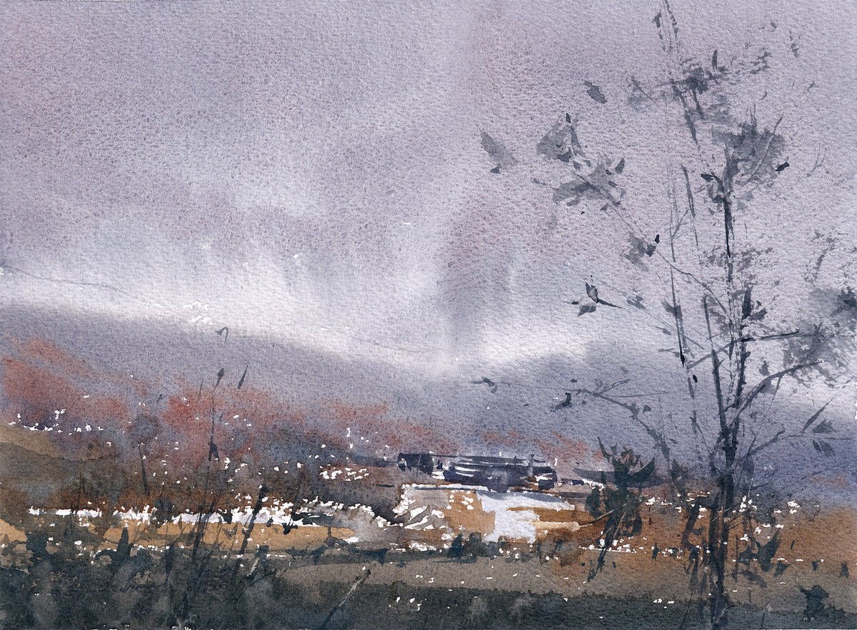 Impressionistic Landscape Watercolour By Yurii Prysiazhnyi, 12 X 9", Bay Wetlands Plein Air Ii, Original Artwork