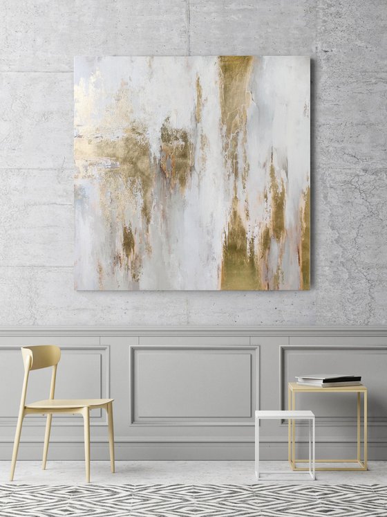"Cascade 3" Abstract gold and white art