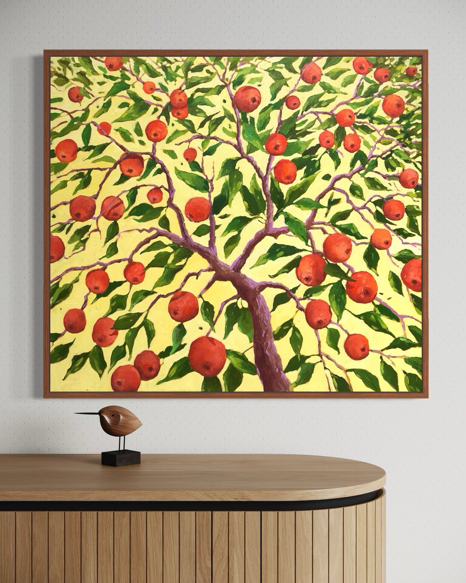 Impressionistic Landscape Oil Painting By Volodymyr Smoliak, 35 X 31", Tree With Red Apples, Original Artwork