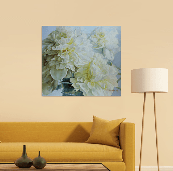 Three white peonies 90x80