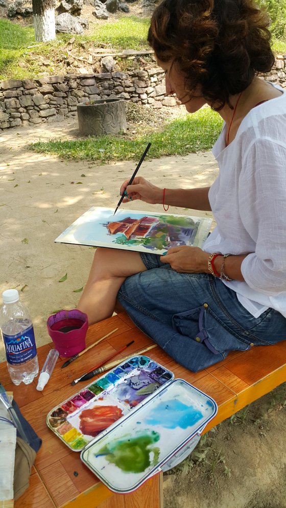 Watercolor landscape. Pagoda