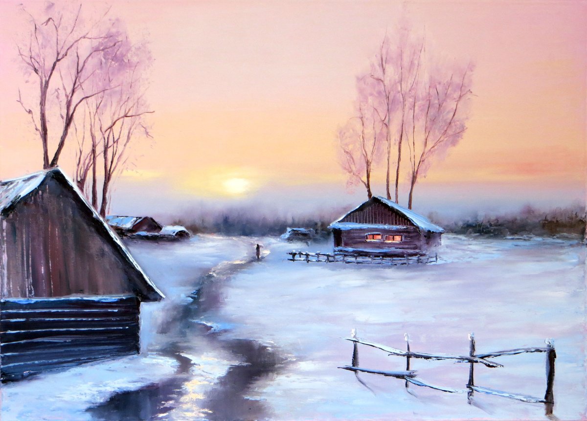 Expressive Landscape Oil Painting By Elena Lukina, 28 X 20, Winter Evening, Original Artwork
