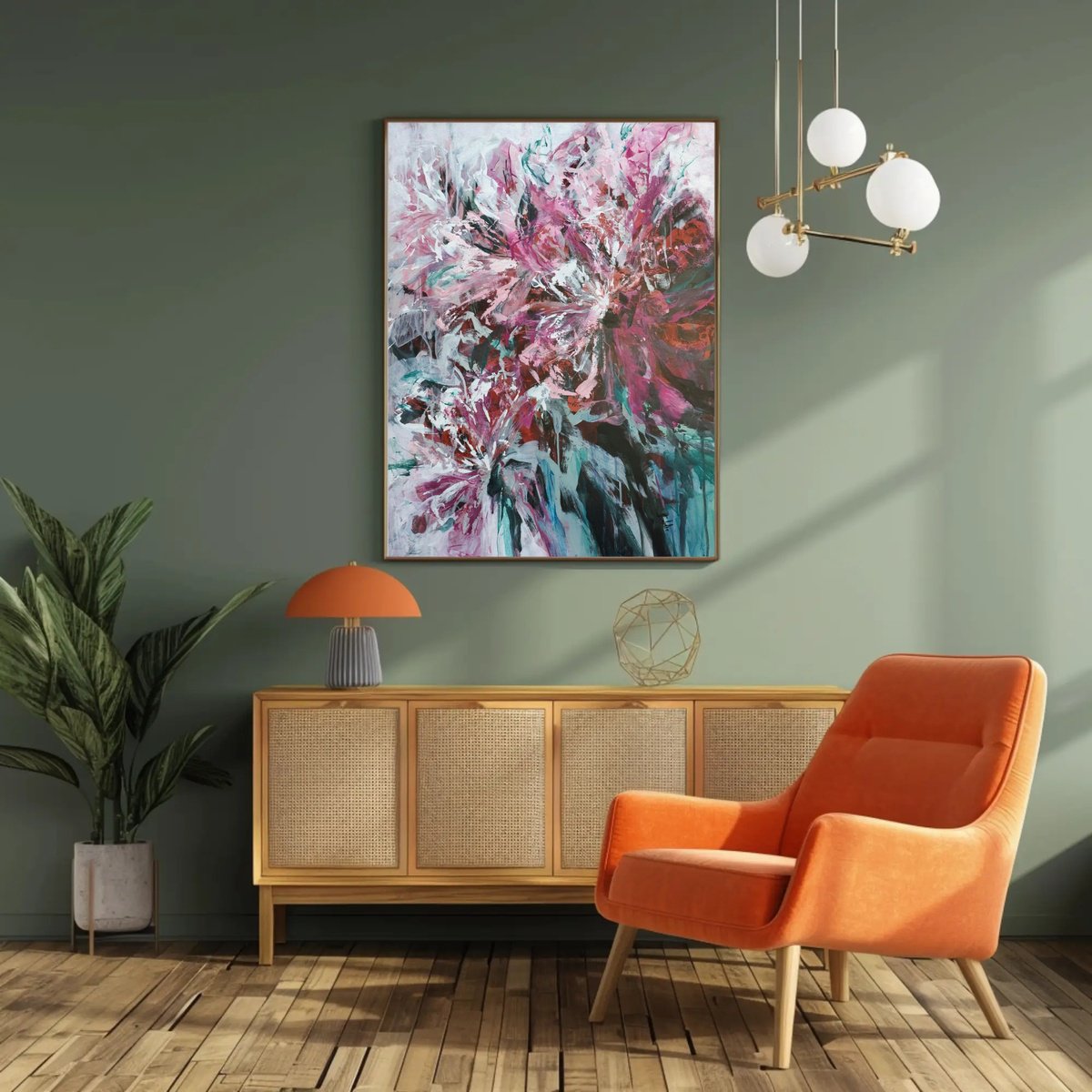 Expressive Botanical Acrylic Painting By Katia Solodka, 24 X 35", Spring Blossom, Original Artwork