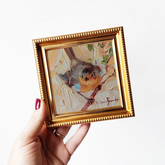 Robin bird oil painting original birding artwork, Miniature framed art