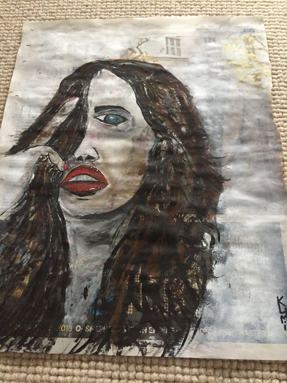 This Face Acrylic on Newspaper Face Art Woman Portrait Red Lips 37x29cm Gift Ideas Original Art Modern Art Contemporary Painting Abstract Art For Sale Free Shipping