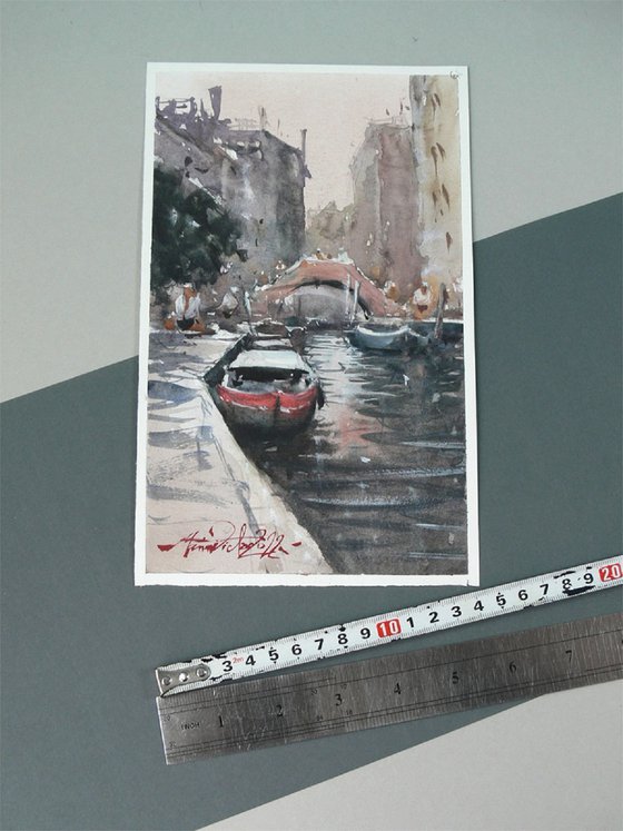 Sidewalk and Boat in Venice, Original Watercolor Landscape