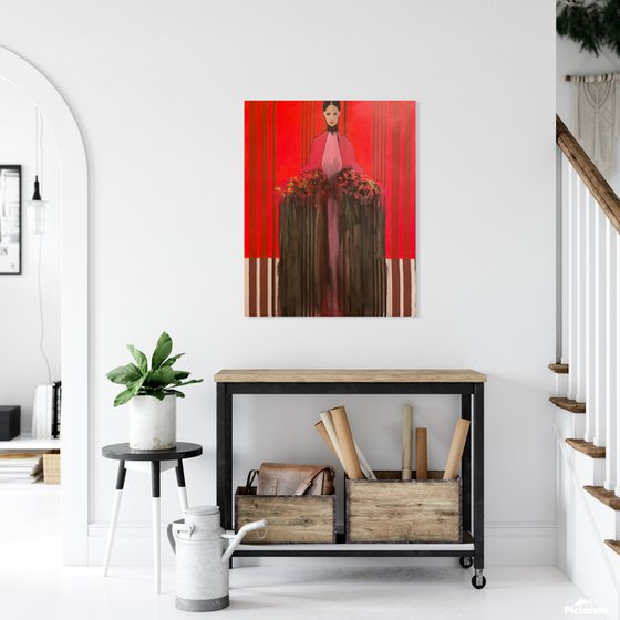 Girl in Red with Flowers