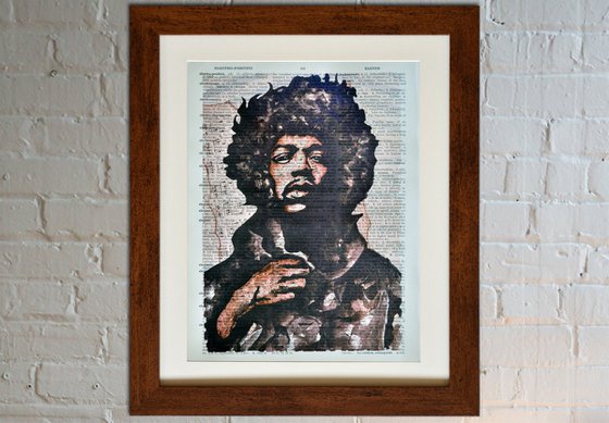 Jimi Hendrix Hand - Collage Art on Large Real English Dictionary Vintage Book Page