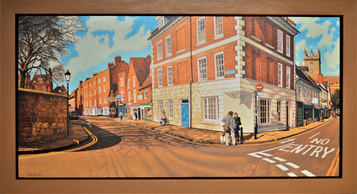 Cityscapes Oil Painting By Paul Simpkins, 22 X 12", Shrewsbury Streets, Original Artwork