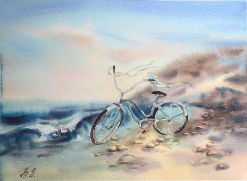 Bicycle by the sea, Watercolor painting by Yulia Evsyukova