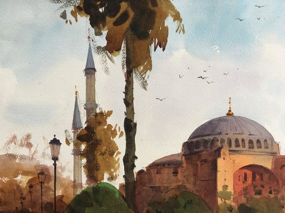 Hagia Sophia of Istanbul cityscape original watercolor