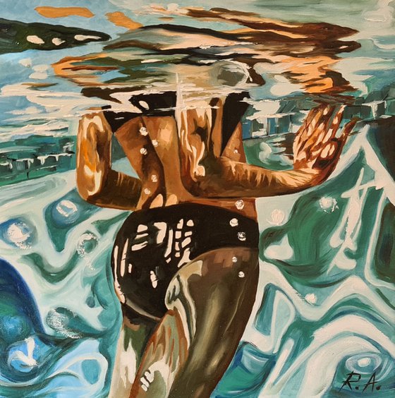 Underwater - woman in the pool; oil painting 40*40 cm