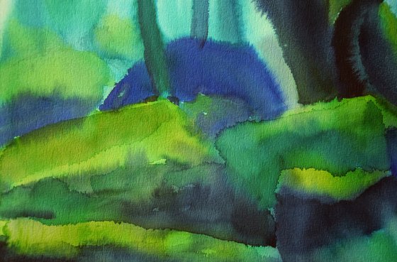 Green forest original watercolor painting, moss trees, mystic wall decor