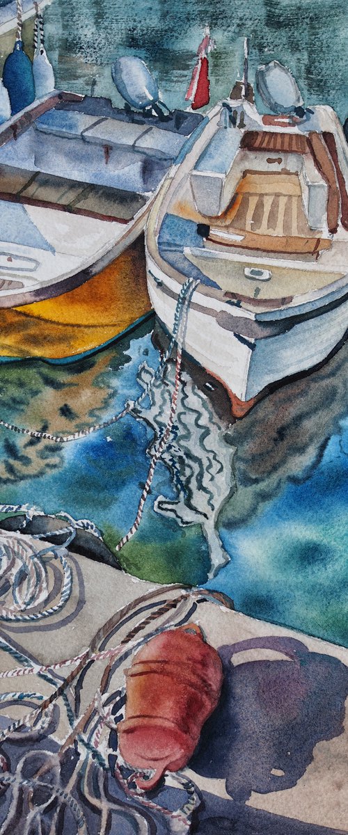 Boats in the port - colorful seascape original watercolor by Delnara El