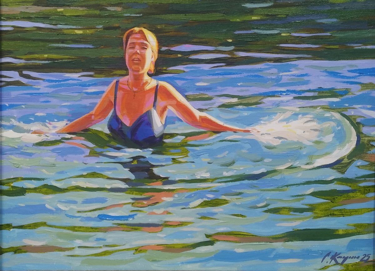 Impressionistic Portrait Acrylic Painting By Sergey Kachin, 33 X 24", Bathing, Original Artwork