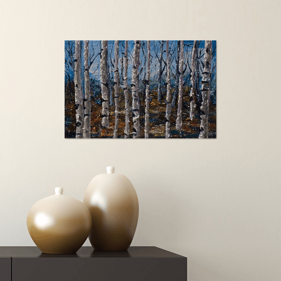 Winter landscape with  Birch Trees -   Impasto Original Painting  (palette knife)