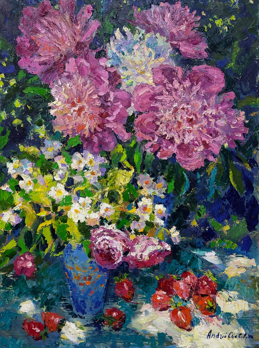 Impressionistic Still Life Oil Painting By Andrii Chebotaru, 24 X 31, Sunny Day Bouquet, Original Artwork