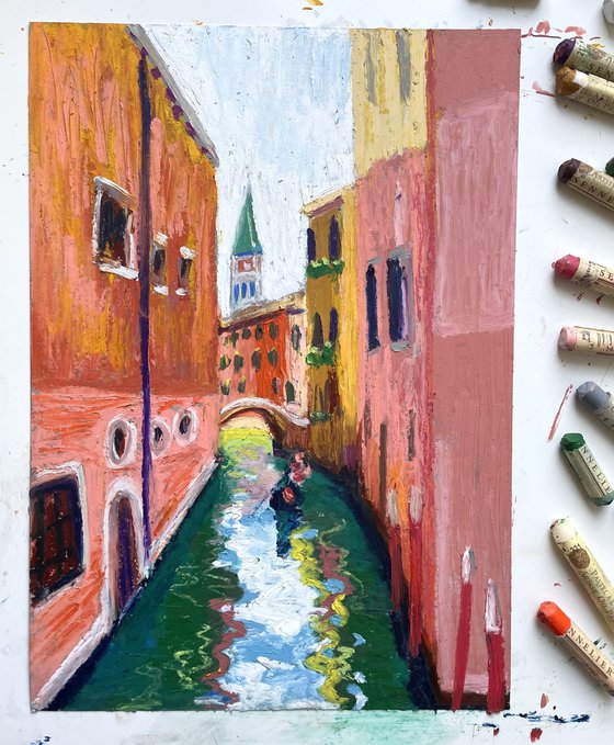Venice Painting, Italy Original Oil Pastel Drawing, Gondola Illustration, Travel Gift