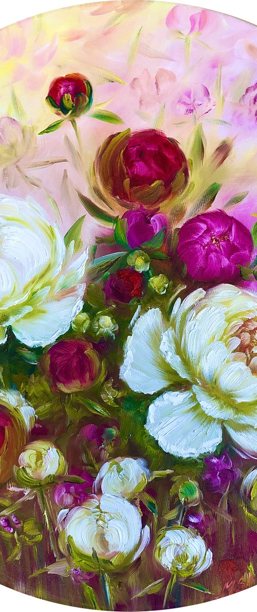 FLOWER TREASURE - Peonies. Pink flowers. Round picture. Floral decor. White peonies. A blooming garden. An unusual picture. Gorgeous flowers. Petals. Fuchsia. Softness. by Marina Skromova