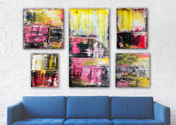 "A Motley Crew" - Save As A Series - Original PMS Abstract Polyptych Acrylic Paintings On Canvas and Wood - 70" x 50"