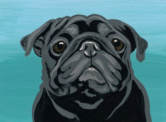 ACEO ATC Original Miniature Painting Black Pug Pet Dog Art-Carla Smale