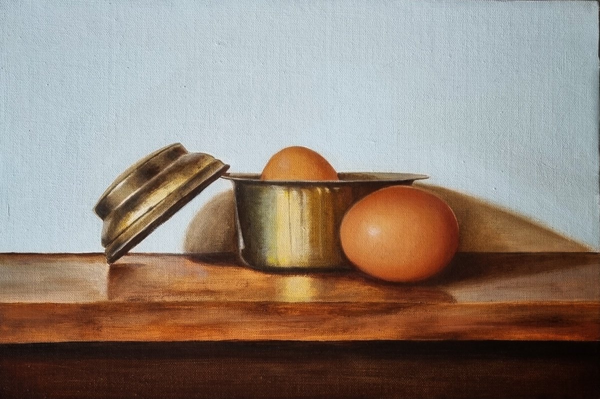 Photorealistic Still Life Oil Painting By Priyanka Singh, 12 X 8", Eggs And Vessel, Original Artwork