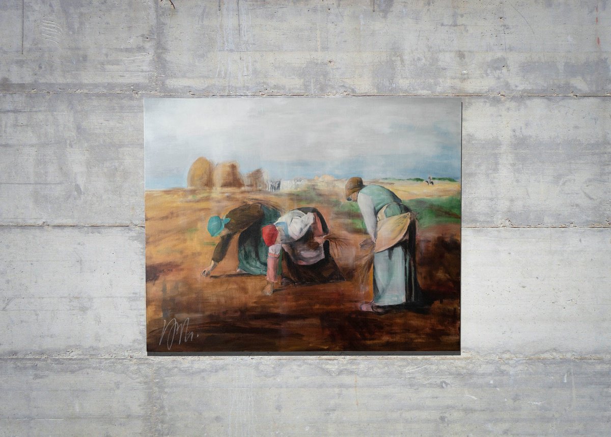 Abstract Portrait Oil Painting By Tomoya Nakano, 41 X 34", "The Gleaners" After Millet, Original Artwork