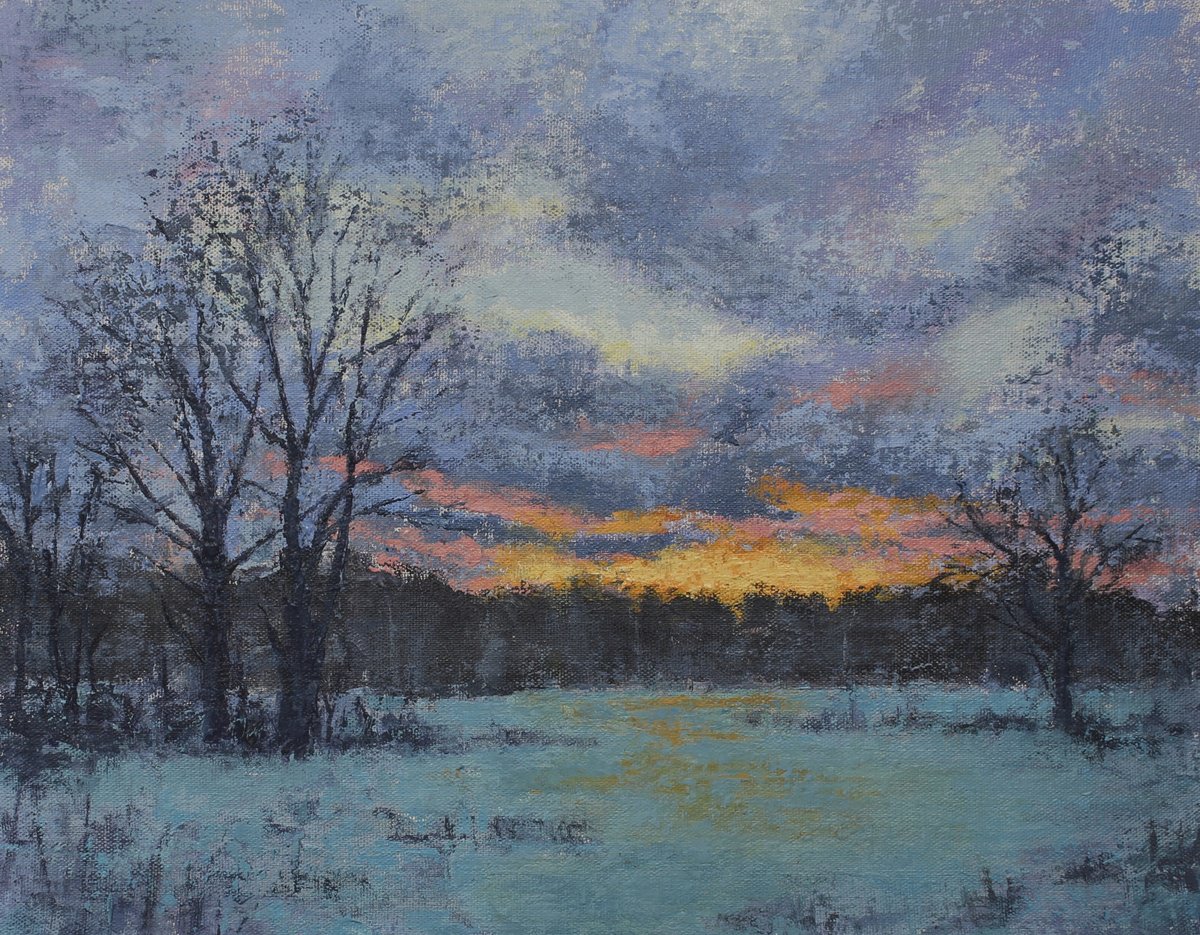 Impressionistic Landscape Acrylic Painting By John Fleck, 14 X 11, Snow Country Sunset, Original Artwork
