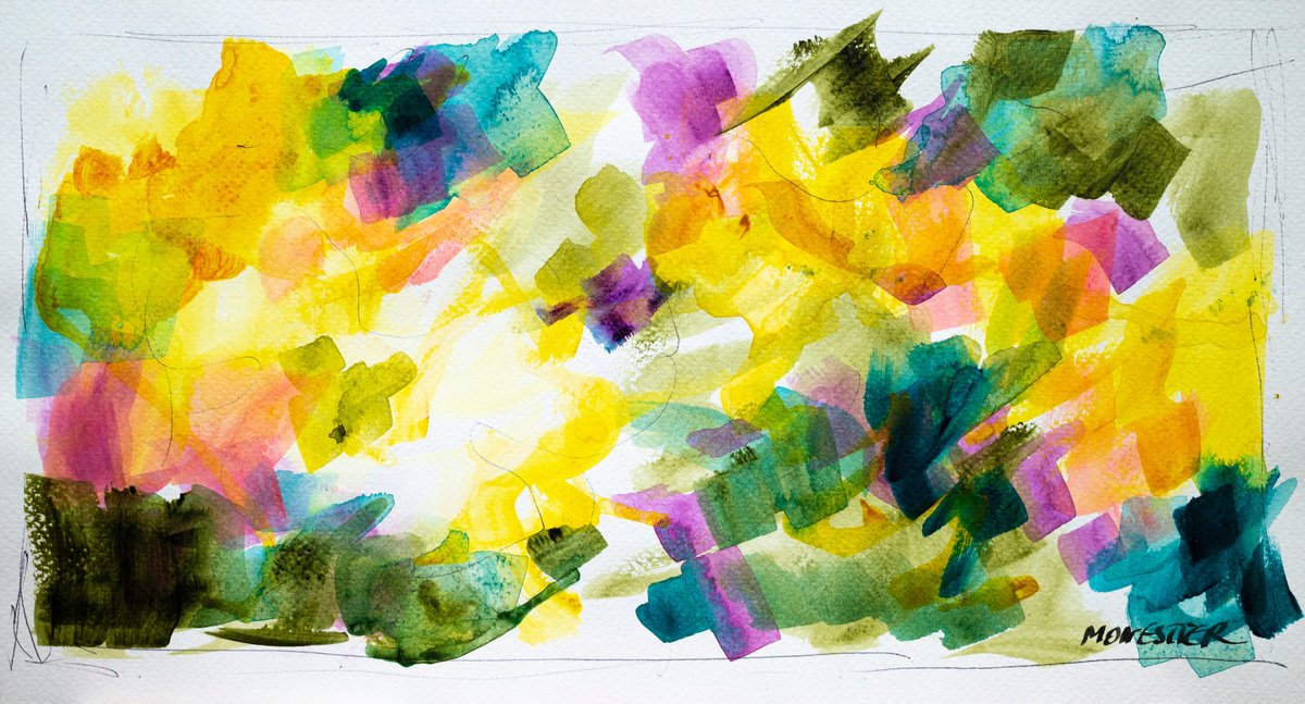 Abstract Botanical Acrylic Painting By Fabienne Monestier, 14 X 7, Floral Sketch 5 - Modern, Original Artwork