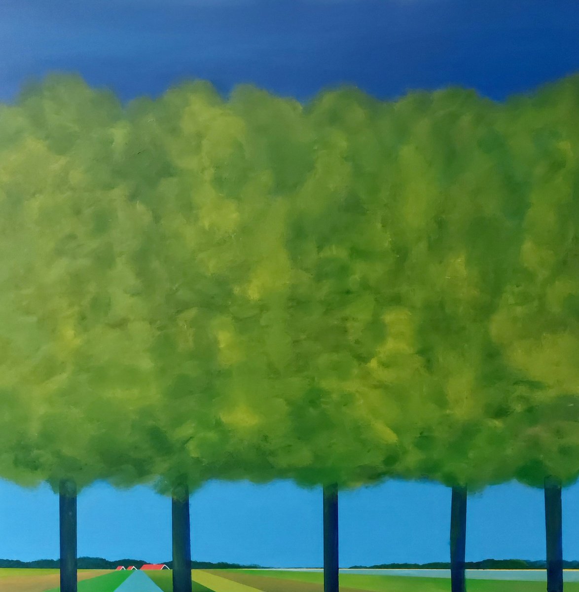 Impressionistic Landscape Acrylic Painting By Nelly Van Nieuwenhuijzen, 35 X 35", Trees In The Polder, Original Artwork