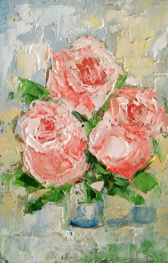 Pink Roses Painting Original Art Small Oil Artwork Flower Wall Art Floral Mini Oil Painting