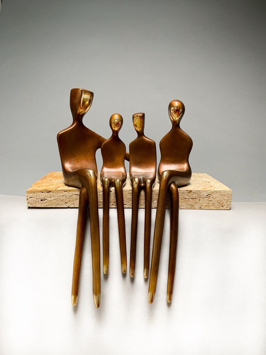 Bronze Sculpture - Family of Four in 15 mounted on natural stone base by Yenny Cocq