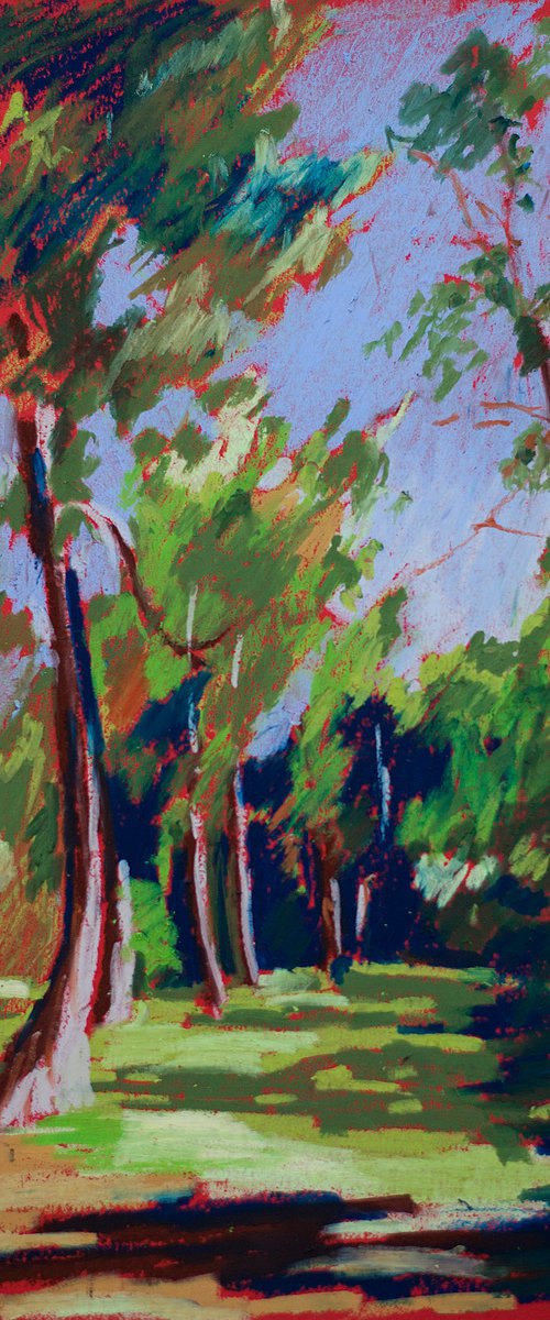 Forest. Original oil pastel painting. Small painting interior decor red green impression art by Sasha Romm