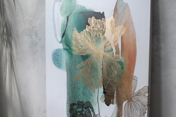 "Green Thincord" Green gold flowers art