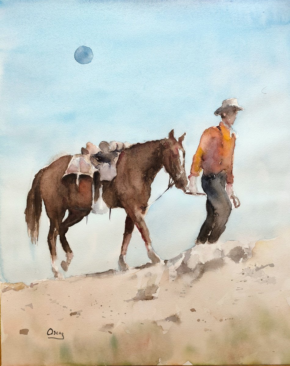 Impressionistic Portrait Watercolour By Oscar Alvarez Pardo, 16 X 20", Cowboy 16, Original Artwork