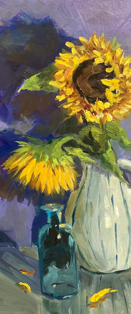 Twin Sunflowers on purple by Nithya Swaminathan