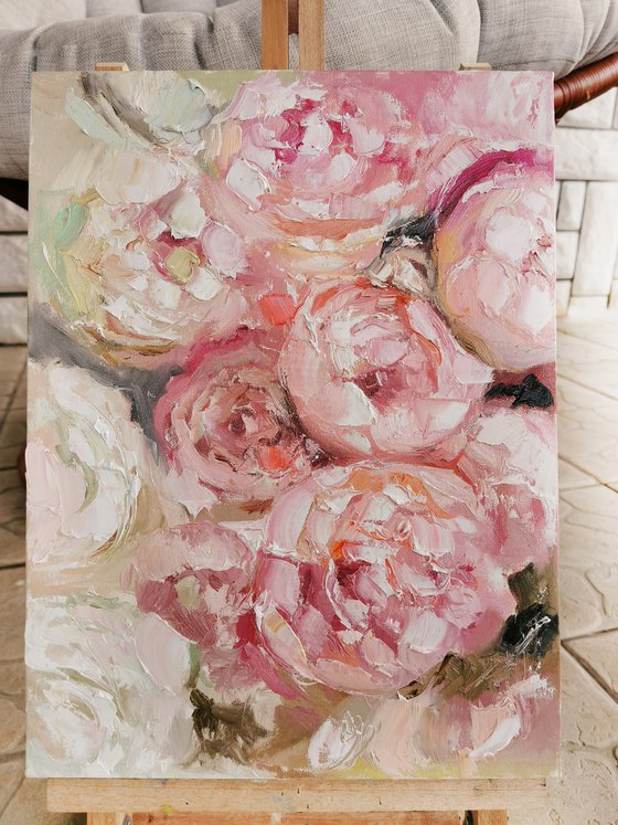 Pink flowers painting, Textural painting on canvas