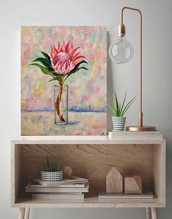 Flower protea original oil painting on canvas, pink plant in glass still life