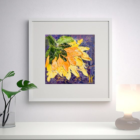 Sunflower Painting Floral Original Art Flower Small Oil Impasto Artwork 6 by 6 inches