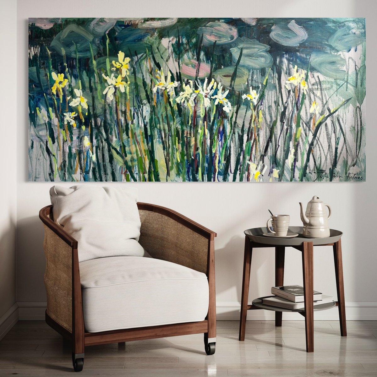 Expressive Landscape Oil Painting By Lilia Orlova-Holmes, 71 X 35", Irises By The Pond, Original Artwork