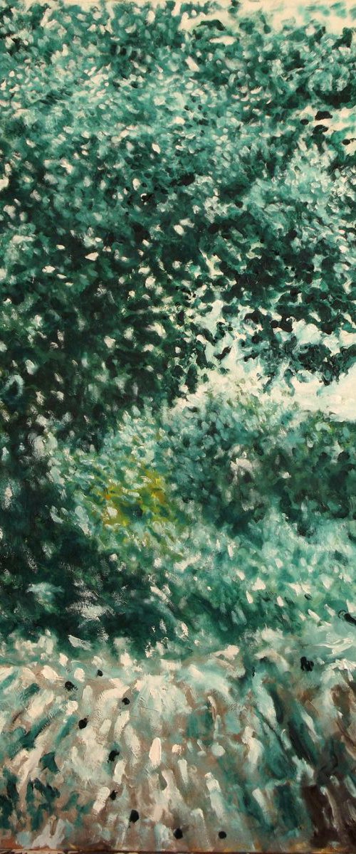 Green Foliage (Corner from my home city) - A side view from my country - Large scale thick oil painting  (70x100 cm) by Wadih Maalouf