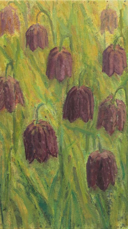Checkerboard Tulips in the Grass I, 2018, acrylic on canvas, 30 x 40 cm by Alenka Koderman