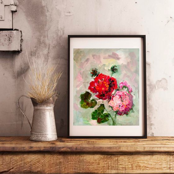 Geranium Painting Original Art Pink Floral Artwork Abstract Flower Wall Art